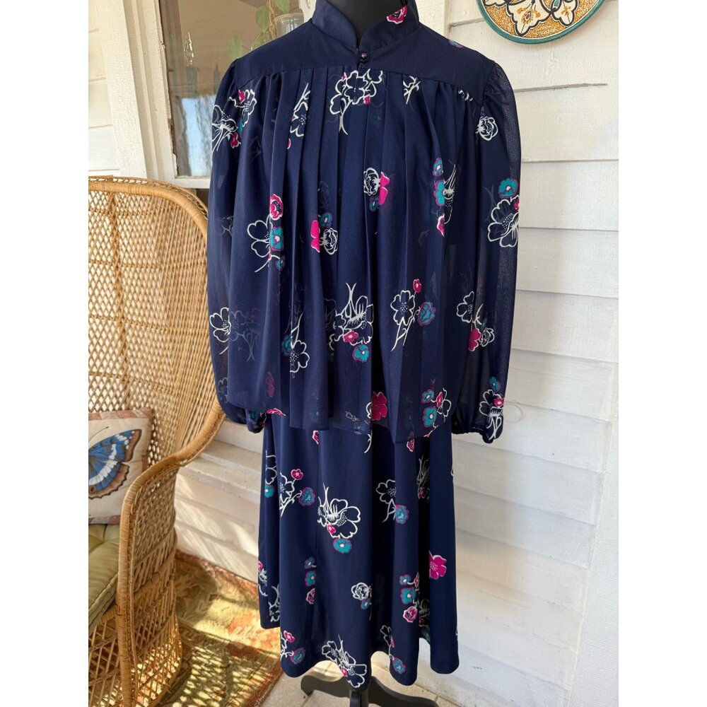 Vintage 70's MOD 2 Piece Dress Jacket Blue Pink Floral Size M Poly Knit